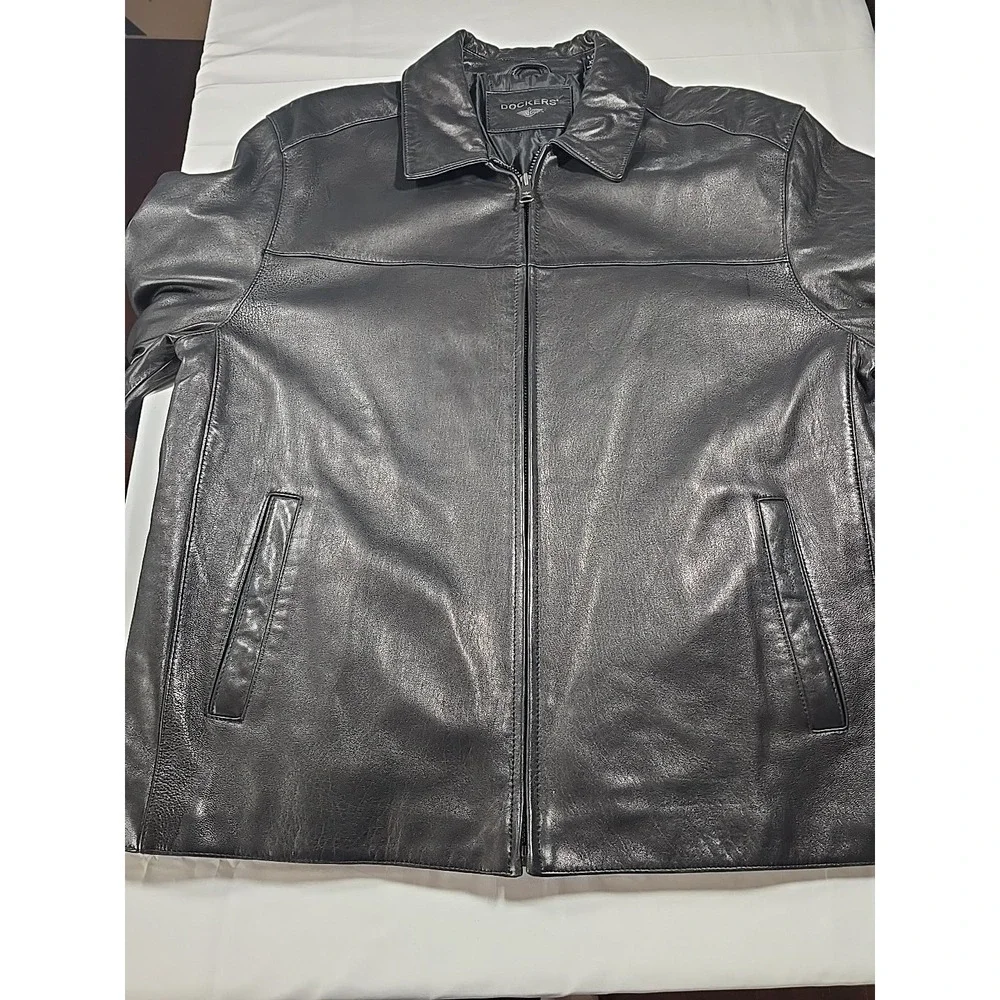 Dockers Black Leather Moto Jacket XL Men's‎ Biker Classic Vintage